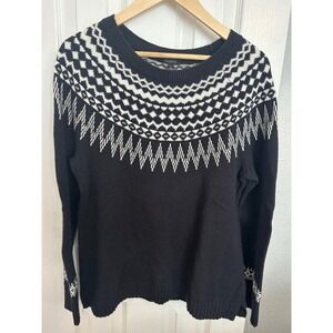 Talbots Womens Black White Fair Isle Yoke Knit Sweater Size L KH5348 Cotton Wool